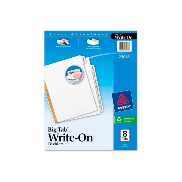 Avery Dennison Avery Big Tab Write-On Divider with Erasable Tab/Write-on, 8.5"x11", 8 Tabs, White/White 23078 - main